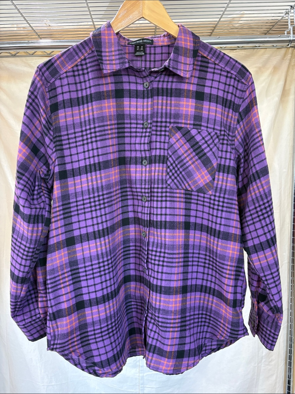 Streetwear Society Purple and Black Plaid Button-Down Shirt with Orange Accents